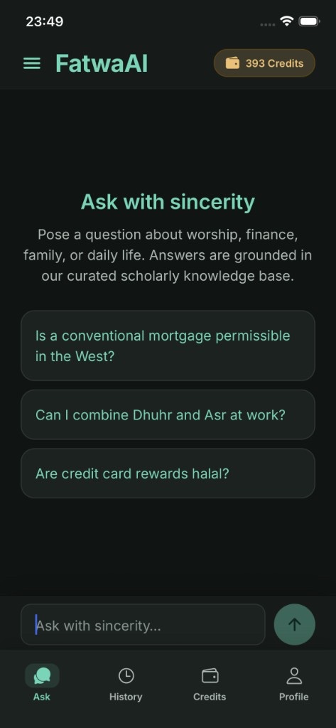 FatwaAI home screen — ask with sincerity