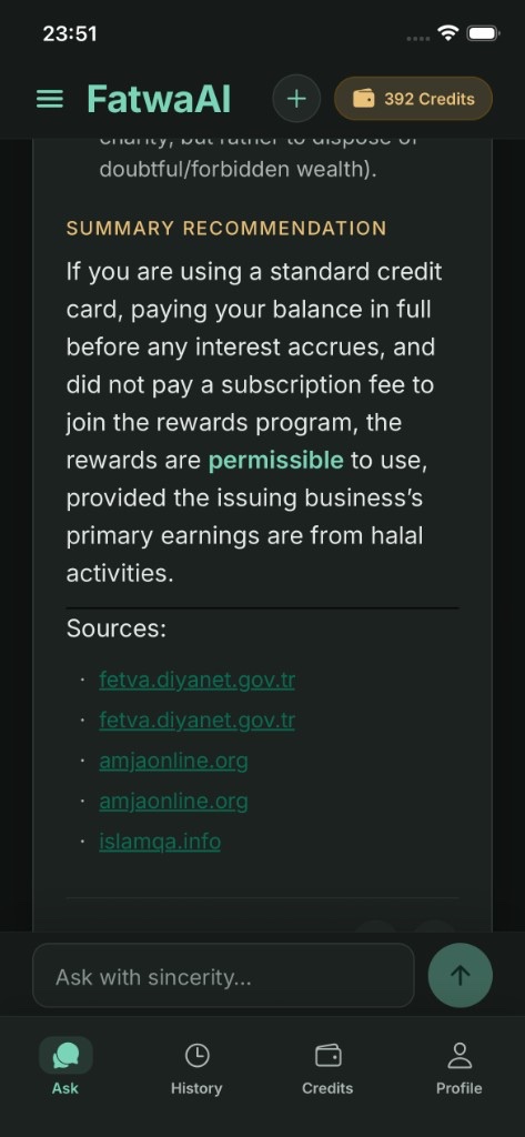 FatwaAI summary recommendation with sources